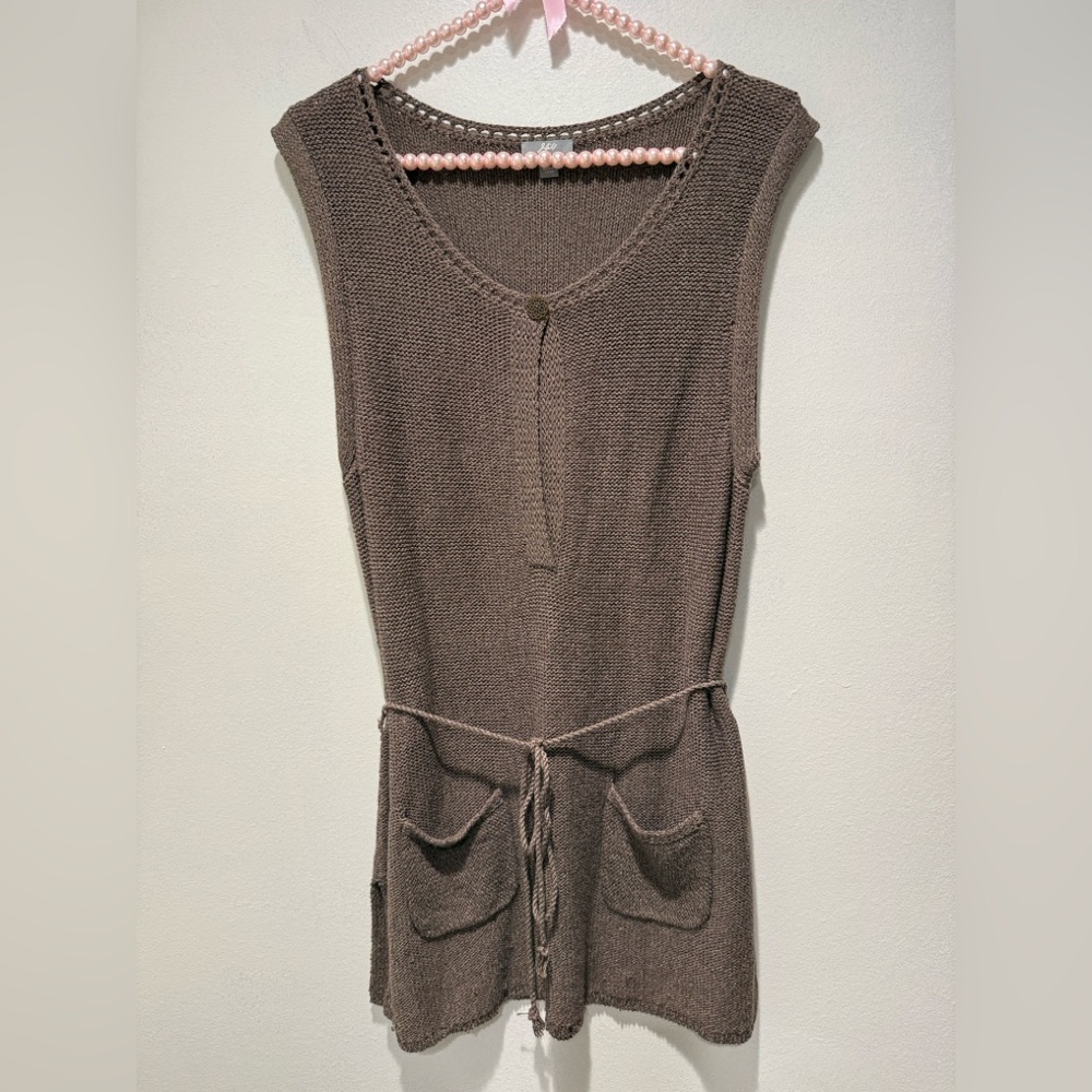 J Jill Crocheted Short Sleeve Tunic Sweater Brown String Belt Grommet Accents M